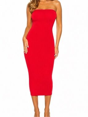naked wardrobe Strapless Red Bodycon Midi Dress